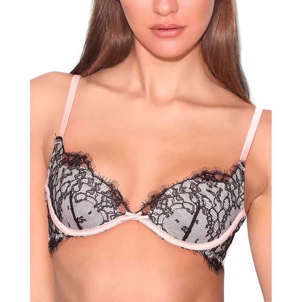 Fleur du Mal Lily Lace Balconette Bra Pink Black Eyelash Lace 36D